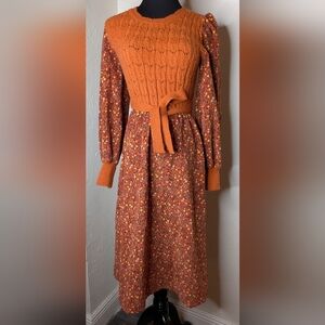 Women Orange Corduroy Floral Dress Knitted PrairieCore Puff Sleeve A Line Sz S